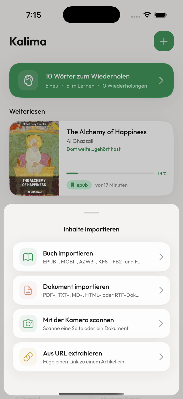 Kalima-Importansicht mit Optionen für Bücher, Webseiten und Kamera