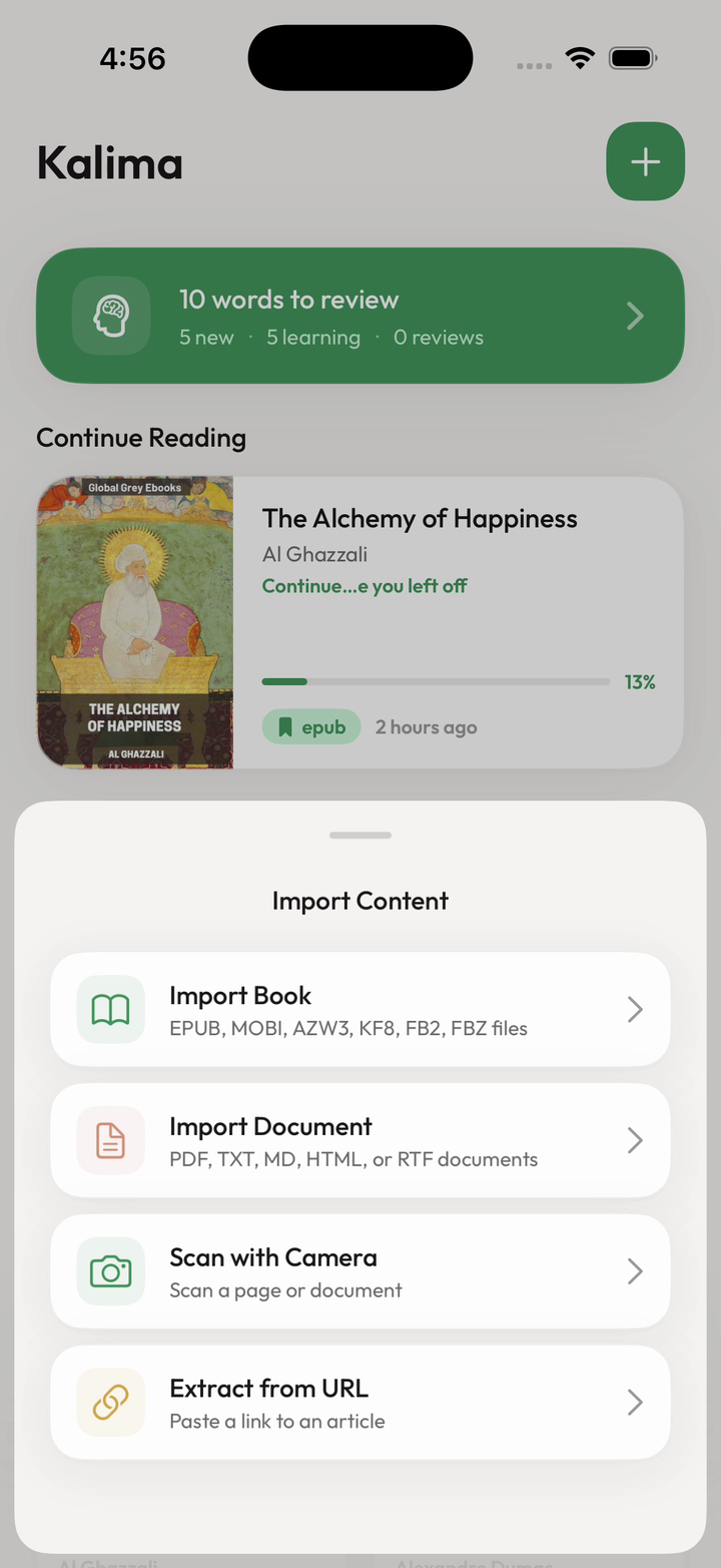 Kalima import screen with book, web and camera options