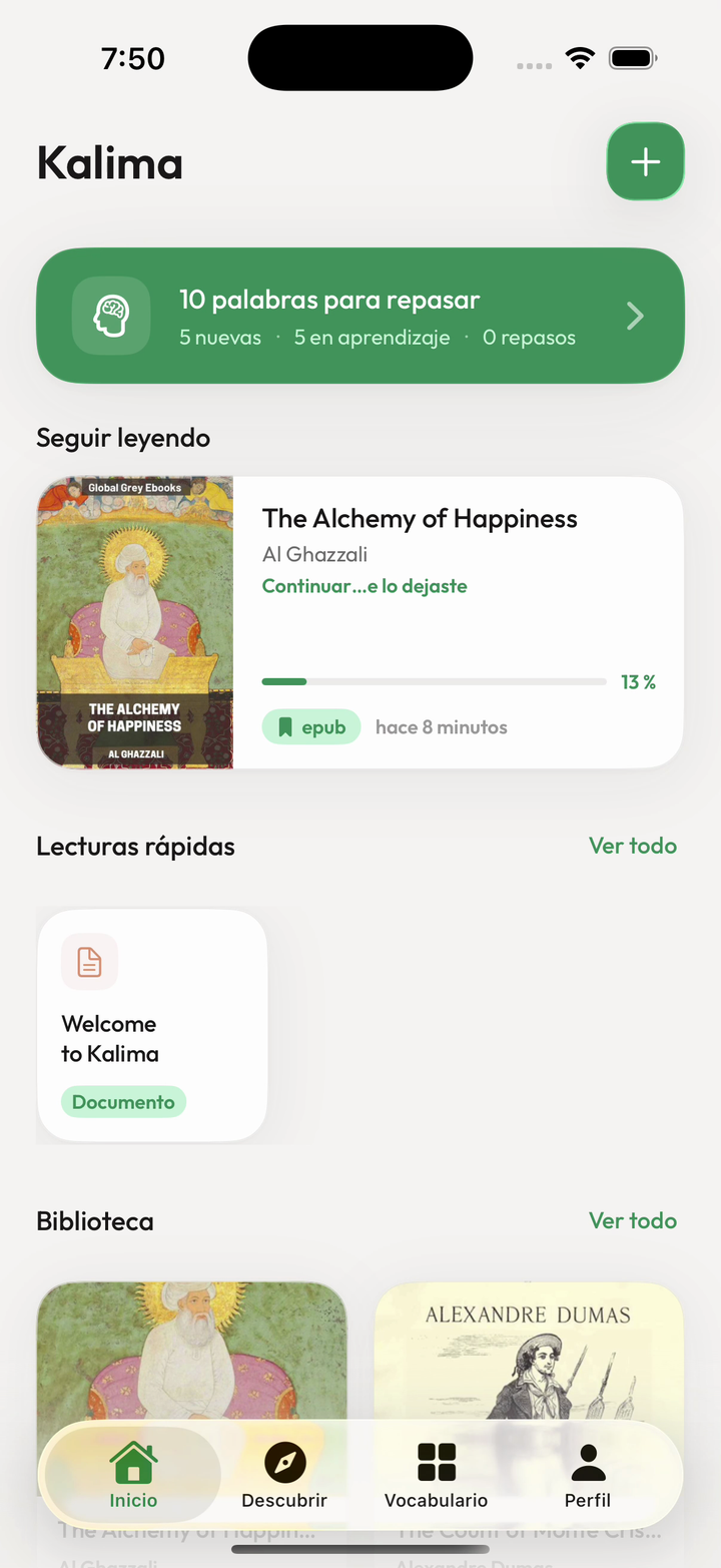 Inicio de Kalima con tu biblioteca de lectura