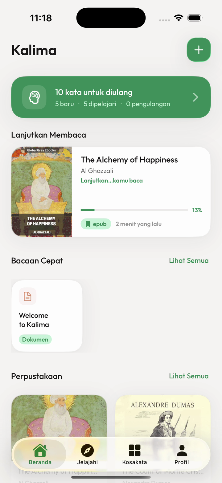 Layar beranda Kalima dengan perpustakaan bacaan Anda