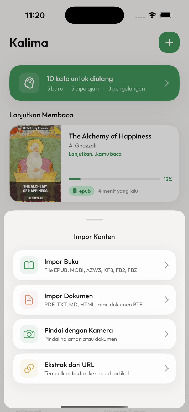 Layar impor Kalima dengan pilihan buku, web, dan kamera