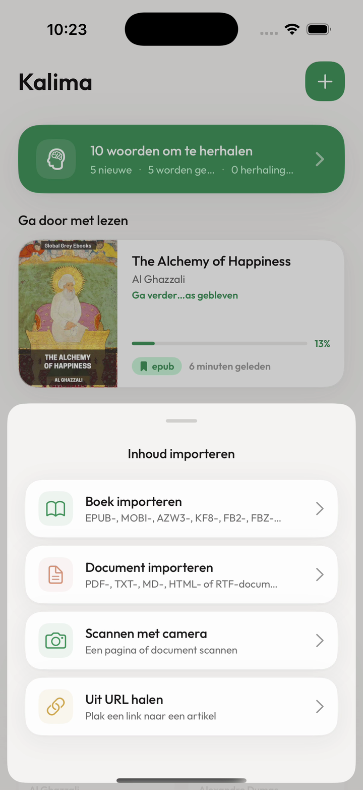 Kalima-importscherm met opties voor boeken, web en camera