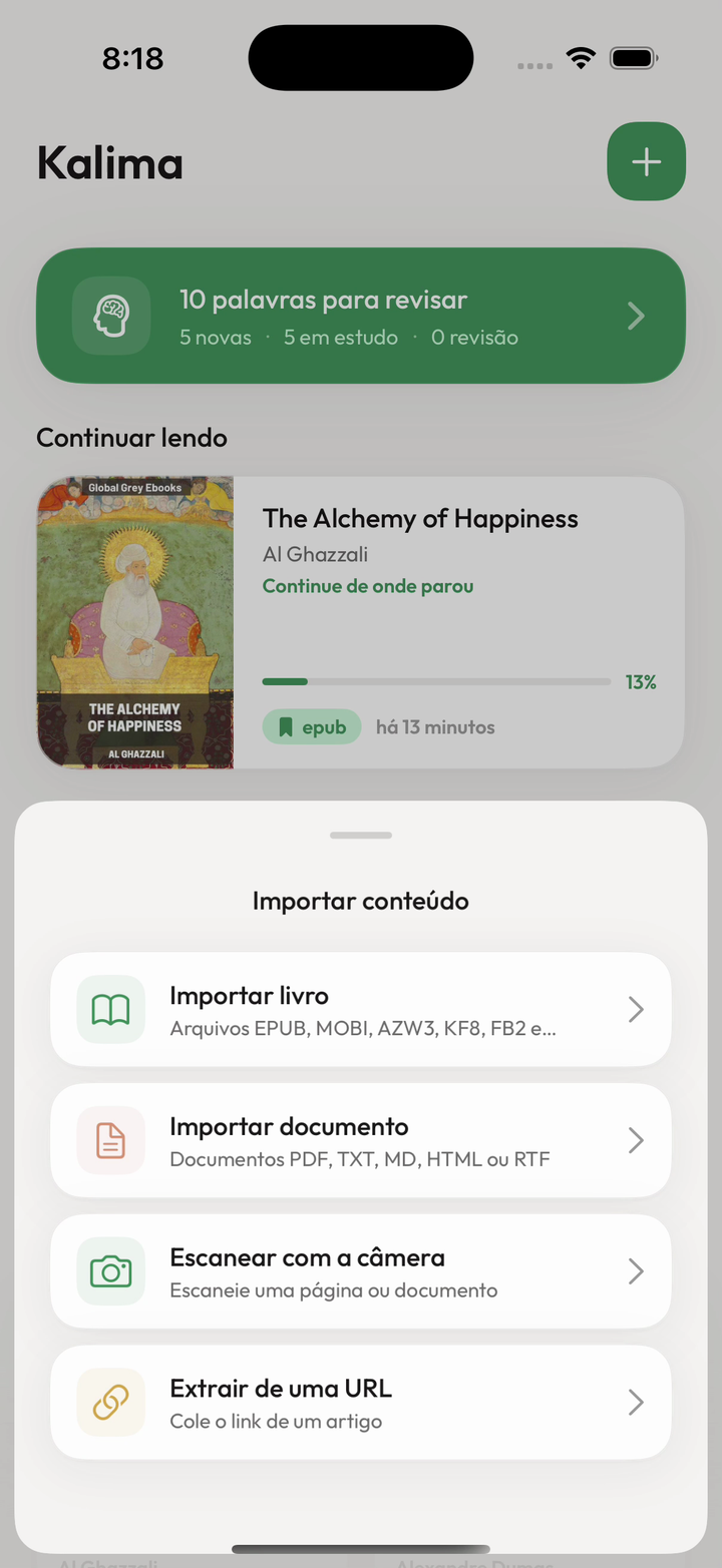 Tela de importação do Kalima com opções de livros, web e câmera