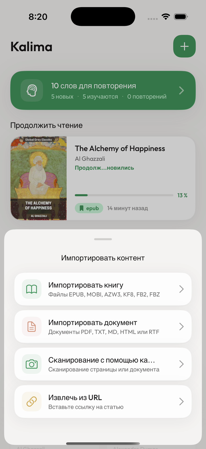 Экран импорта Kalima с книгами, веб-страницами и камерой