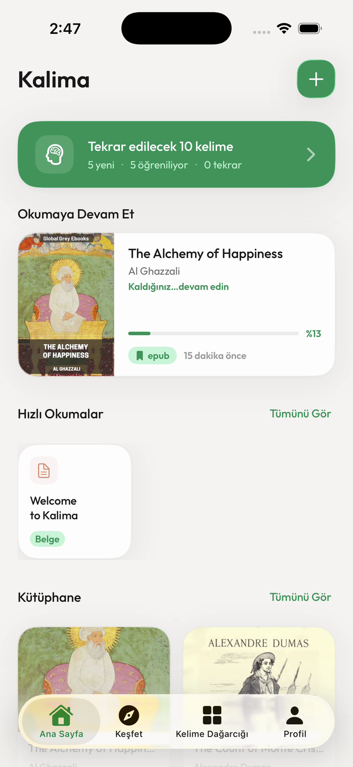 Okuma kitaplığınızı gösteren Kalima ana ekranı