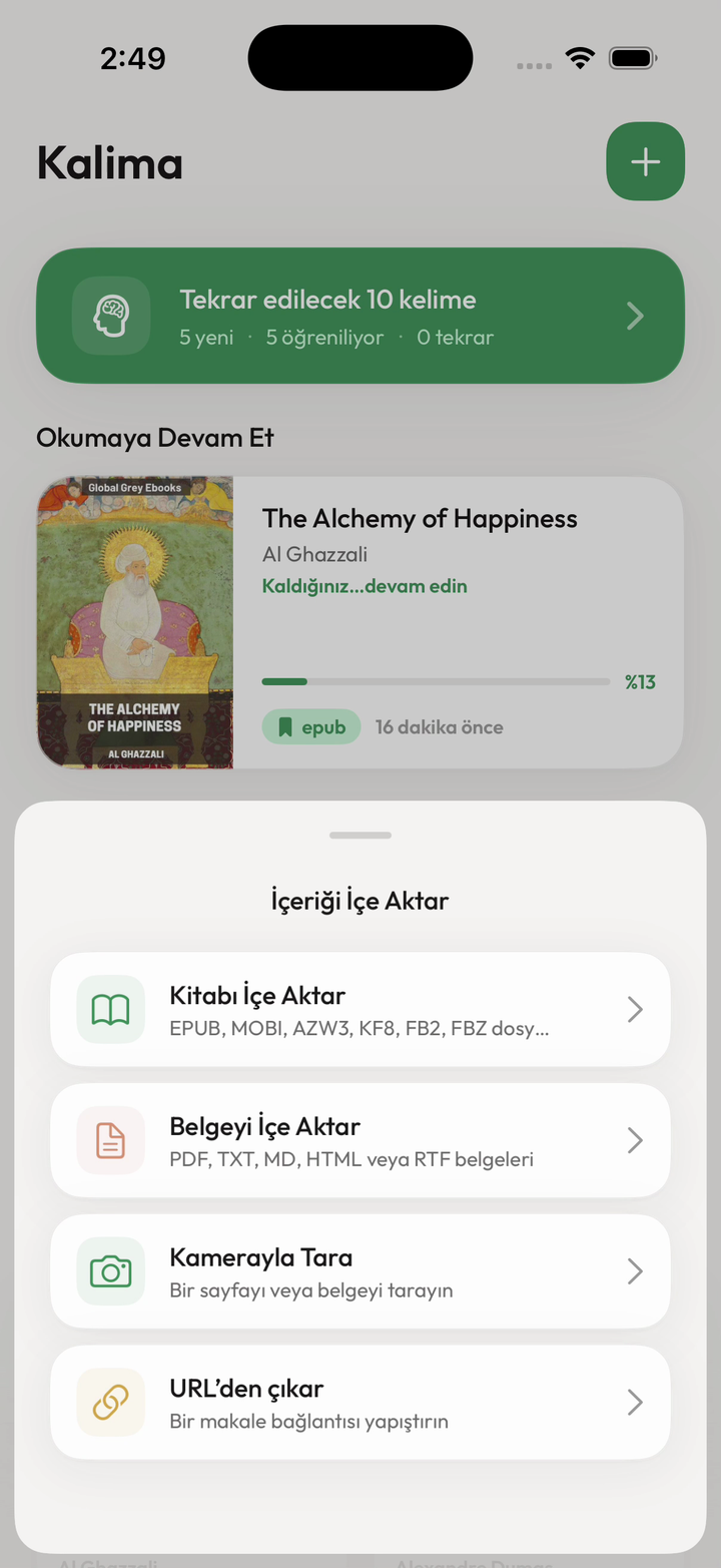 Kitap, web ve kamera seçenekleriyle Kalima içe aktarma ekranı