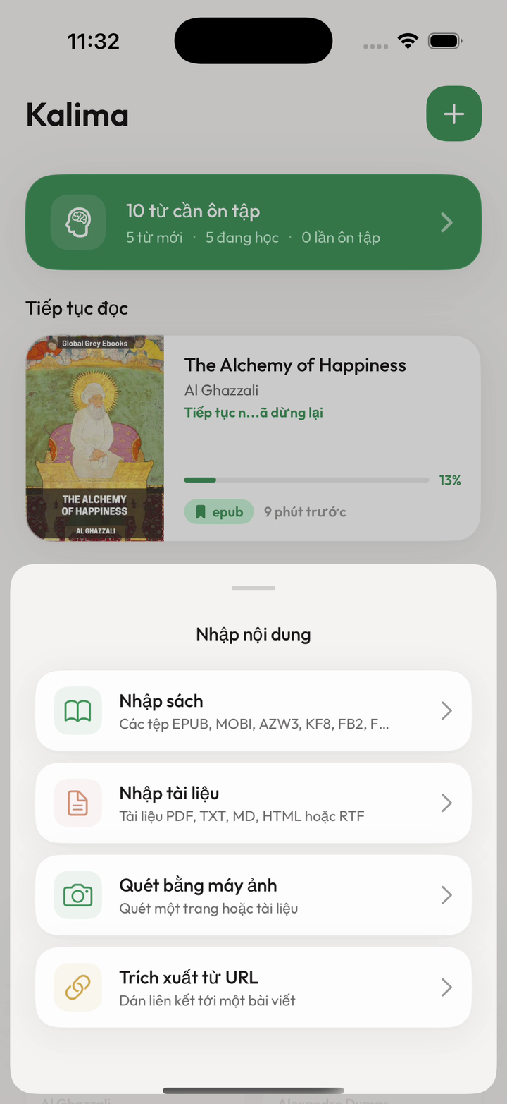 Màn hình nhập Kalima với tùy chọn sách, web và máy ảnh